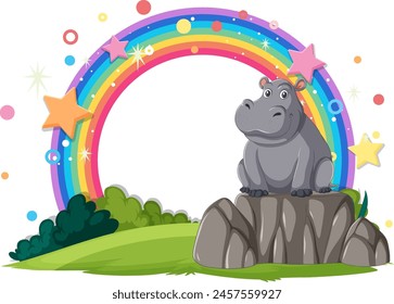 Cartoon hippo sitting under a colorful rainbow