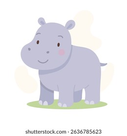 Cartoon hippo standing on grass with friendly expression, soft colors and rounded shapes create playful animal hippo character for children's design or educational media.