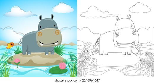 Cartoon of hippo in swamp on blue sky background