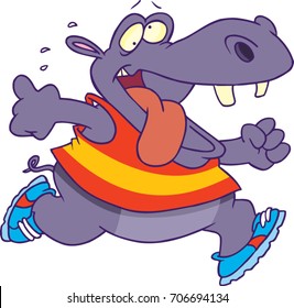 cartoon hippo tired and running a race in sneakers and a shirt
