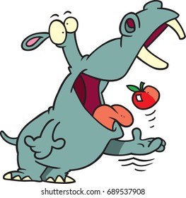 cartoon hippo tossing an apple in its mouth