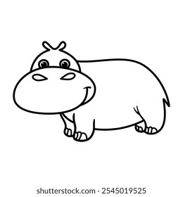 Cartoon Hippo Vektorgrafik. Dies ist eine schwarz-weiße Illustration eines niedlichen Nilpferdes im Cartoon-Stil. Der Nilpferd hat eine große, abgerundete Schnauze mit zwei kleinen ovalen Nasenlöchern.