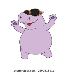 Cartoon hippo wearing sunglasses and waving, a fun and cheerful character with a cool and friendly vibe