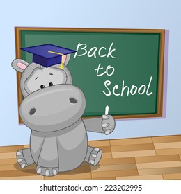Cartoon Hippo wrote chalk on a blackboard 