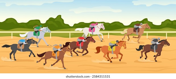 Cartoon hippodrome competition. Horse race track with jockey riding horses, equestrian sport and horse riders compete. Fast galloping tournament vector illustration.