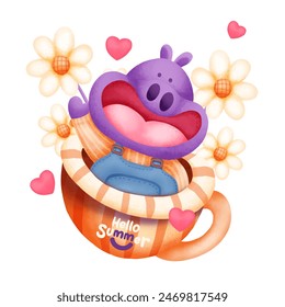 cartoon hippopotamus having fun at the summer festival isolated on white background. Vector illustration.