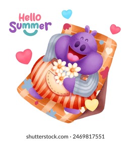 cartoon hippopotamus having fun at the summer festival isolated on white background. Vector illustration.