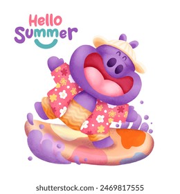cartoon hippopotamus having fun at the summer festival isolated on white background. Vector illustration.