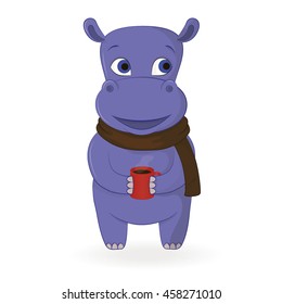 Cartoon hippopotamus holding cup of coffee on white background. Vector illustration.