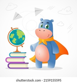 Cartoon Hippopotamus Kid Mascot  Standing Near Book Pack And Globe. Student Crocodile Saying Hi To Children