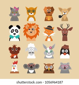 Cartoon Hipster Animals Characters Icon Set Fashion Portrait or Avatar Concept Flat Design Style. Vector illustration of Animal