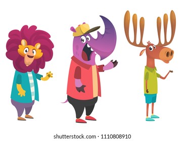 Cartoon hipster animals set. Animal in clothing. Casual style. Cartoon vector illustration. 
Lion, crocodile,  rhino. Flat style illustration
