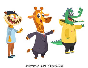 Cartoon hipster animals set. Animal in clothing. Casual style. Cartoon vector illustration. 
Tiger, giraffe, crocodile. Flat style illustration
