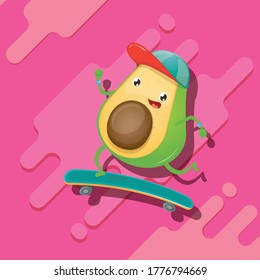 Cartoon hipster avocado skater character riding on skateboard isolated on abstract pink background. Cute sporty healthy food character riding on board