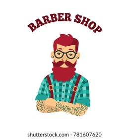 Cartoon hipster barber with beard, moustache, glasses and arms in tattoo, barbershop logo template, vector illustration on white background. Barbershop logo with hipster cartoon barber