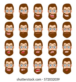 Cartoon Hipster Businessman. Different facial expressions. Emotional set for rigging and animation. Vector illustration in a flat style.