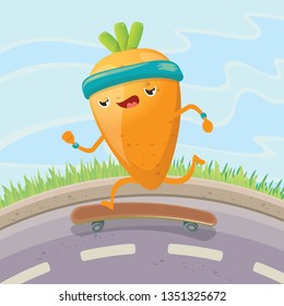 Cartoon hipster carrot skater character riding on skateboard on the street. Cute sporty healthy vegetable character riding fast on skate board