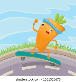 Cartoon hipster carrot skater character riding on skateboard on the street. Cute sporty healthy vegetable character riding fast on skate board