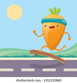 Cartoon hipster carrot skater character riding on skateboard on the street. Cute sporty healthy vegetable character riding fast on skate board