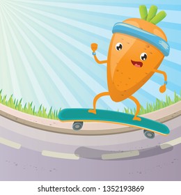 Cartoon hipster carrot skater character riding on skateboard on the street. Cute sporty healthy vegetable character riding fast on skate board