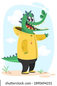 Cartoon hipster crocodile in a yellow rain coat. Animal in clothing. Casual style. Cartoon vector illustration. Anthropomorphic.