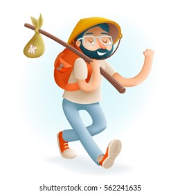 Cartoon Hipster Geek Traveler 3d Businessman Vacation Summer Character Icon on Stylish Background Design Vector Illustration