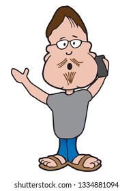 A cartoon hipster is gesturing while talking on his cell phone