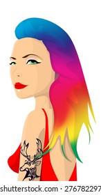 Cartoon hipster girl portrait with colorful hair