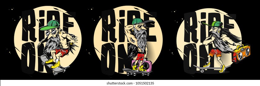 Cartoon Of Hipster Male, Ride On Skateboard, Sports, Tshirt Print, Vector Illustration