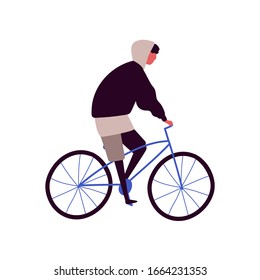 Cartoon hipster male riding city bicycle vector flat illustration. Active teenager man on retro bike isolated on white background. Young colorful guy bicyclist enjoy sports exercise