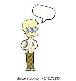 cartoon hipster man with mustache and spectacles with speech bubble