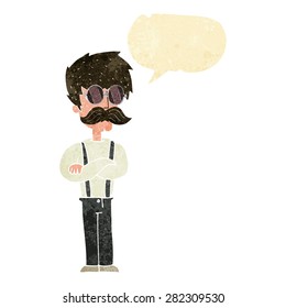 cartoon hipster man with mustache and spectacles with speech bubble