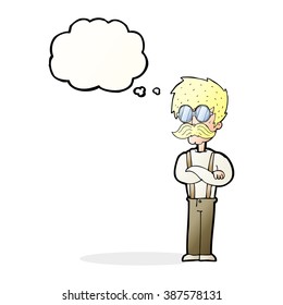 cartoon hipster man with mustache and spectacles with thought bubble