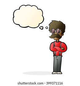 cartoon hipster man with mustache and spectacles with thought bubble