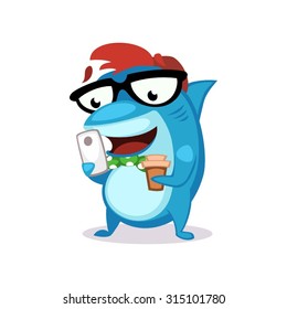 Cartoon hipster shark character in glasses and butterfly tie with a phone and coffee