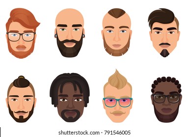 Cartoon hipsters bearded men guys avatars with modern hairstyles, mustaches and beards isolated.