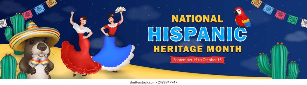 Cartoon Hispanic Heritage Month panoramic banner with ethnic paper flags, 3d cute Macaw parrot, capybara in sombrero with maracas and female Flamenco dancers among cacti in a dessert at night 