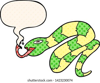 cartoon hissing snake with speech bubble in comic book style