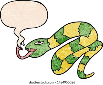 cartoon hissing snake with speech bubble in retro texture style