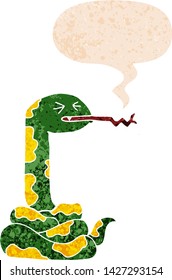 cartoon hissing snake with speech bubble in grunge distressed retro textured style