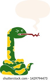 cartoon hissing snake with speech bubble in retro style