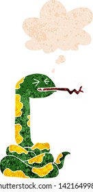 serpiente silvestre de dibujos animados con burbuja de pensamiento en un estilo retro angustiado y angustiado