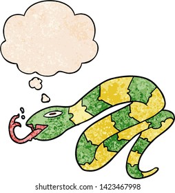 cartoon hissing snake with thought bubble in grunge texture style