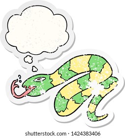 cartoon hissing snake with thought bubble as a distressed worn sticker