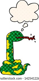 cartoon hissing snake with thought bubble in comic book style
