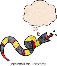 cartoon hissing snake with thought bubble in grunge texture style