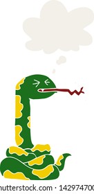 cartoon hissing snake with thought bubble in retro style