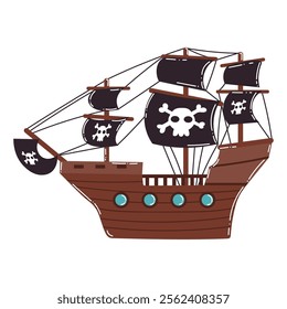 Cartoon historic pirate sailing ship with black sails, skulls and bones. Sea pirate ship.