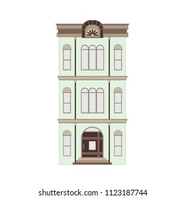 Cartoon historical green building icon highly detailed city front facade. Vector illustration