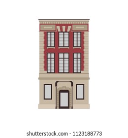 Cartoon historical red building icon highly detailed city front facade. Vector illustration